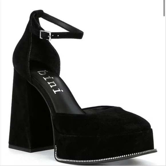 Gianni Bini Otten black suede ankle strap chunky heels square toe shoes Sz 10 - Picture 1 of 9